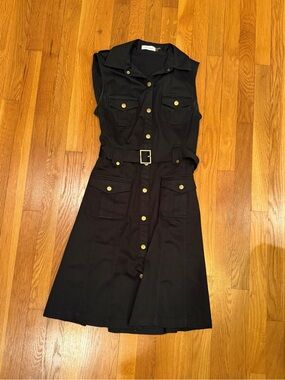 Calvin Klein Black Sleeveless Midi Shirt Dress with Belt and Gold Buttons